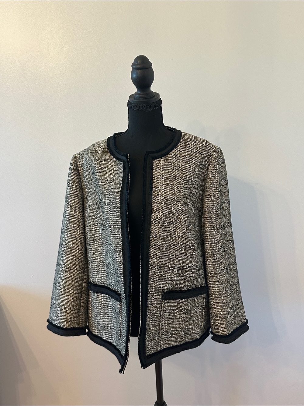 Anne Klein Black and Cream Tweed Open-Front Jacket